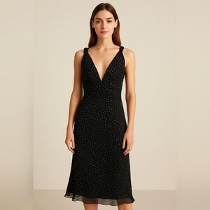 WHBM Silk Cocktail Dress, black cream poker dot  V-Neck Size 14